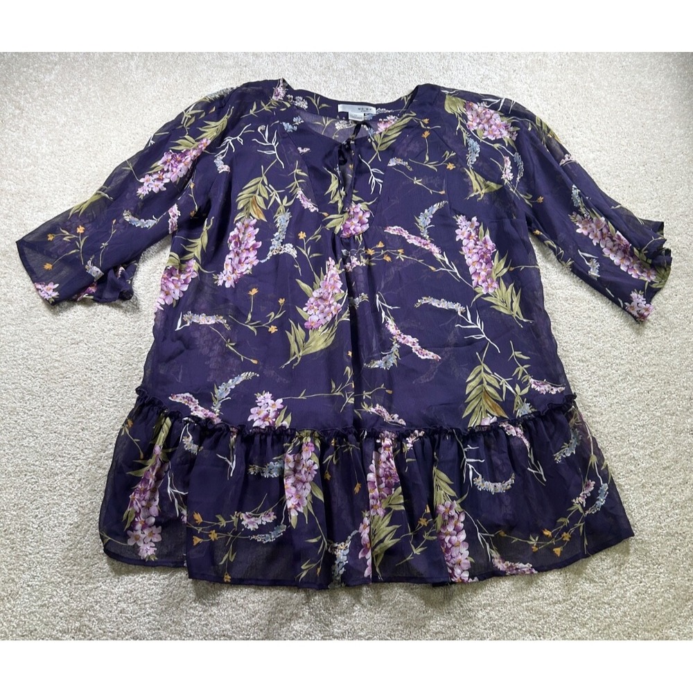 WD.NY Womens Size 1X Purple Sheer Ruffle Floral Top Bloomcore